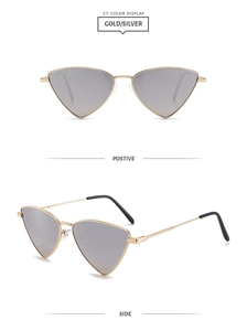 Detail view of gold triangle metal sunglasses with silver lenses from front and side angles