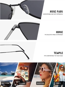 Detailed views of metal hinges, nose pads, and lifestyle uses for triangle sunglasses