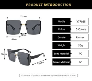Detailed size chart and specifications for oversized rimless square fashion sunglasses