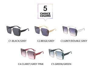 Detailed grid of five frameless oversized square sunglasses with glitter edges in various colors