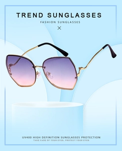 Detail of UV400 gradient lenses and thin gold metal frames on trendy fashion sunglasses