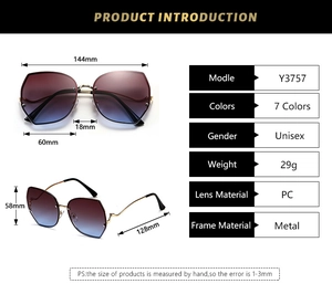 Detail view of oversized rimless sunglasses with gradient lenses and gold wavy metal temples