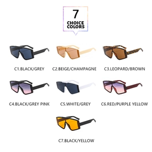 Matrix of seven stylish oversized square sunglasses in various colors on white background