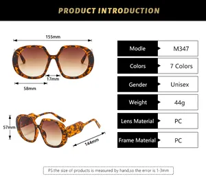 Detailed size chart and technical specifications for oversized fashion square sunglasses