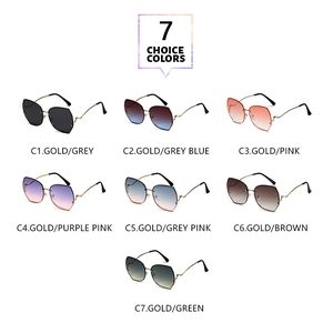 Detailed view of metal sunglasses showing seven lens colors and wavy temple designs