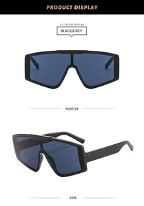 Front and side views of trendy oversized square wrap sunglasses in black and grey