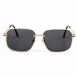 Stylish large square sunglasses with gold metal frame and dark grey lenses for women