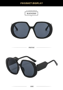 Front and side views of large geometric black frames with gray lenses fashion sunglasses