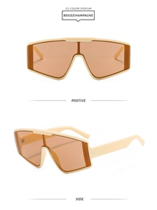 Front and side view of oversized square beige sunglasses with brown tinted lenses