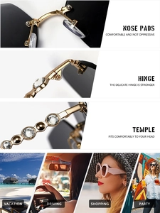 Close-up of gold sunglasses frame with sparkling rhinestones and lifestyle usage scenes