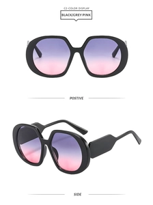 Front and side view of oversized black frame sunglasses with purple gradient lenses