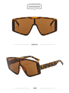 Detail view of leopard print square shield sunglasses with wide temples and brown lenses