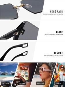 Detailed views of gold nose pads, metal hinges, and black hollow temples on fashion sunglasses