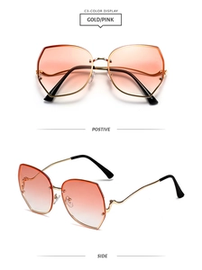 Detail view of gold geometric metal sunglasses with pink gradient lenses from two angles