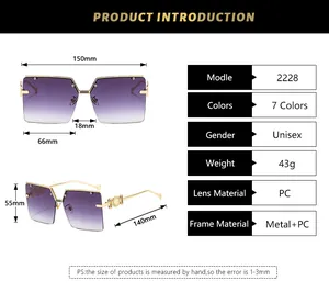 Detailed size chart for square semi-rimless sunglasses with frame and lens measurements