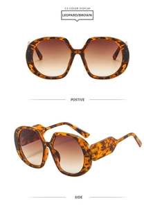 Detailed views of leopard print sunglasses with gradient brown lenses from two angles