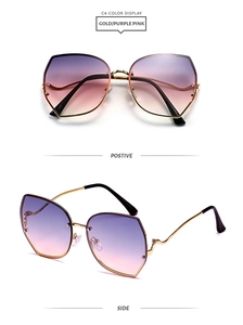 Front and side view of gold metal sunglasses with purple pink gradient lenses