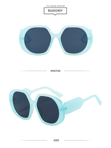 Detail view of large hexagonal sunglasses in light blue acetate frame with grey lenses