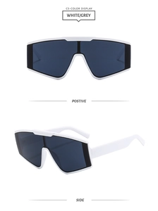 Front and side views of white shield sunglasses with dark grey lenses and black accents