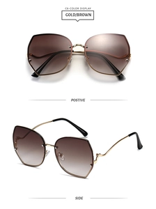 Detail view of gold geometric sunglasses with brown gradient lenses from two angles
