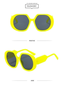 Front and side views of chunky neon yellow oversized sunglasses with dark grey round lenses