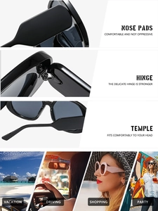 Detail view of reinforced hinges, nose pads, and trendy lifestyle scenes for oversized sunglasses