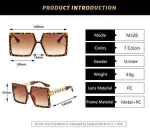 Size guide for square frame sunglasses with gold Greek key pattern and PC lenses