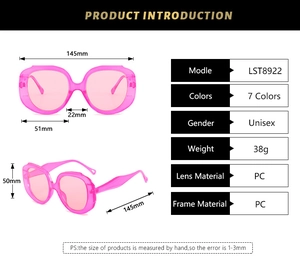 Detailed size specifications for pink diamond shaped oversized PC sunglasses with dimensions