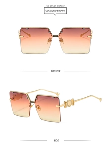 Front and side view of square semi-rimless sunglasses with gold temples and gradient lenses