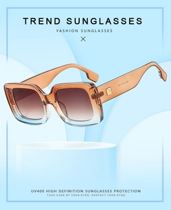 Close-up of square sunglasses featuring UV400 protection and golden temple accents