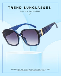 Detail of blue square sunglasses with quilted textured arms and gold metal hinges