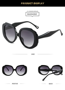 Three-way view of thick diamond-shaped sunglasses with gray gradient lenses and black frames