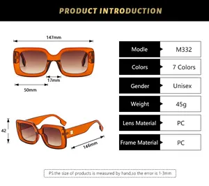 Size chart showing detailed dimensions and specs for retro square unisex sunglasses