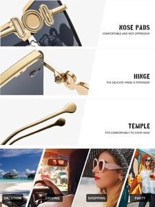 Detail view of gold metal hinges, nose pads, and versatile lifestyle usage scenes