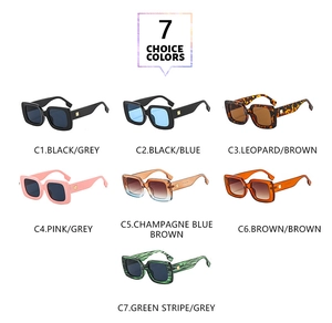 Flat lay of square chunky sunglasses in seven assorted color combinations with gold accents