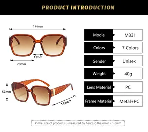 Detailed size chart and technical specifications for square frame unisex sunglasses
