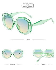 Three-view layout of large square sunglasses with green frames and gradient lenses