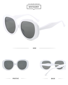Detailed views of white diamond-shaped sunglasses with grey lenses from multiple angles