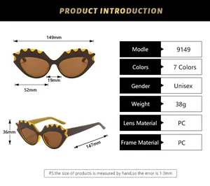 Detailed sizing chart and specifications for vintage cat-eye sunglasses model 9149