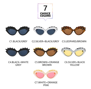 Detailed grid showing seven candy-colored cat-eye sunglasses with wavy frame edges