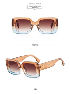 Detail view of champagne blue gradient sunglasses with gold metal hinges and square frames