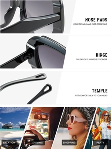 Detailed view of reinforced hinges and ergonomic nose pads on oversized fashion sunglasses