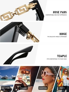 Detail of gold meander pattern hinges and square sunglasses shown in lifestyle scenes