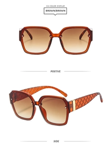 Detail view of brown gradient lenses and quilted texture temples on square sunglasses