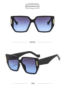 Detailed front and side views of black square sunglasses with gold accents and gradient lenses