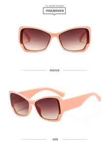Vue de face et de côté de lunettes de soleil roses carrées avec verres dégradés