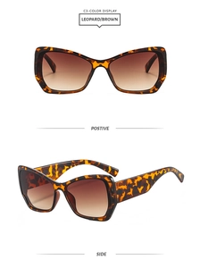 Détail de lunettes de soleil carrées léopard avec verres dégradés sous deux angles