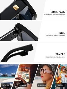 Detail view of reinforced metal hinges and comfortable nose pads on square sunglasses
