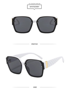 Detailed front and side view of white geometric sunglasses with textured arms