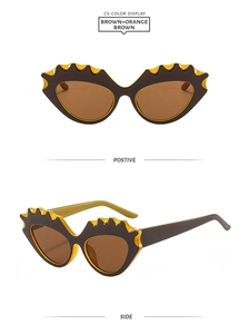 Detail of cat eye sunglasses with orange wavy frame and brown lenses in front and side views